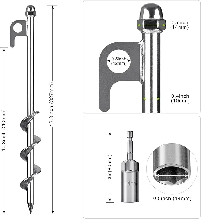 12 Inch Ground Anchors, 4 Pcs Heavy Duty Tent Stakes, Easy to Install and Reusable, for Camping Tents, Trampolines, Sheds, Swing Sets, Securing Animals