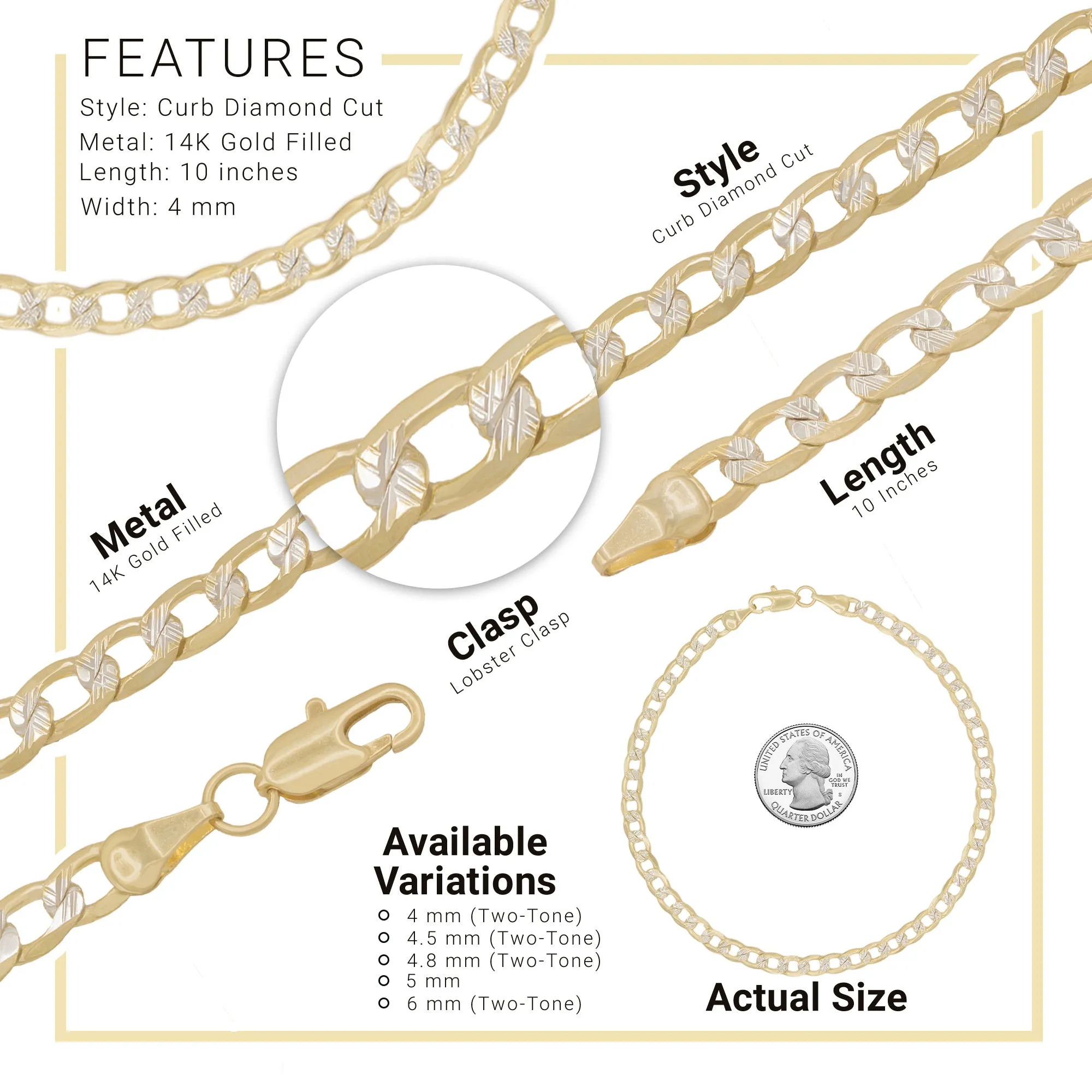 14K Gold Filled Cuban Link Anklet Diamond Cut Curb Chain 10'' Anklet Women Jewelry