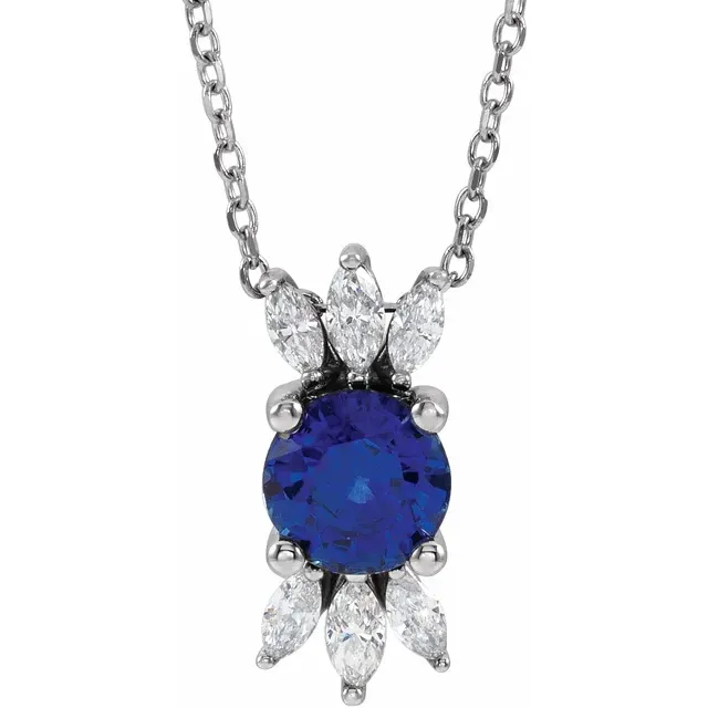 14K White Blue Sapphire & 1/4 CTW Diamond 16-18" Necklace