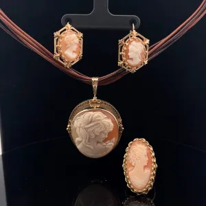 14k Yellow Gold Earring ,Ring and Pendant Vintage Cameo Set