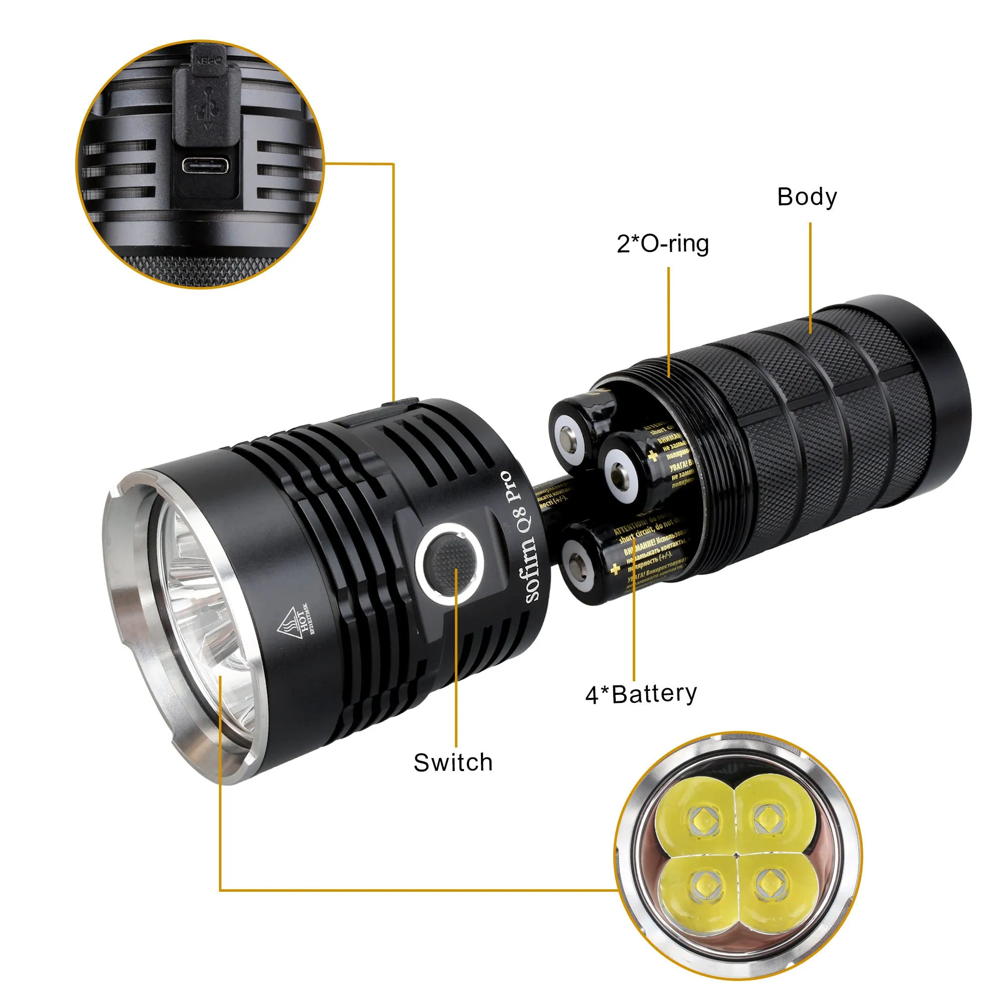 18650C Port Direct Charge, Strong Flashlight