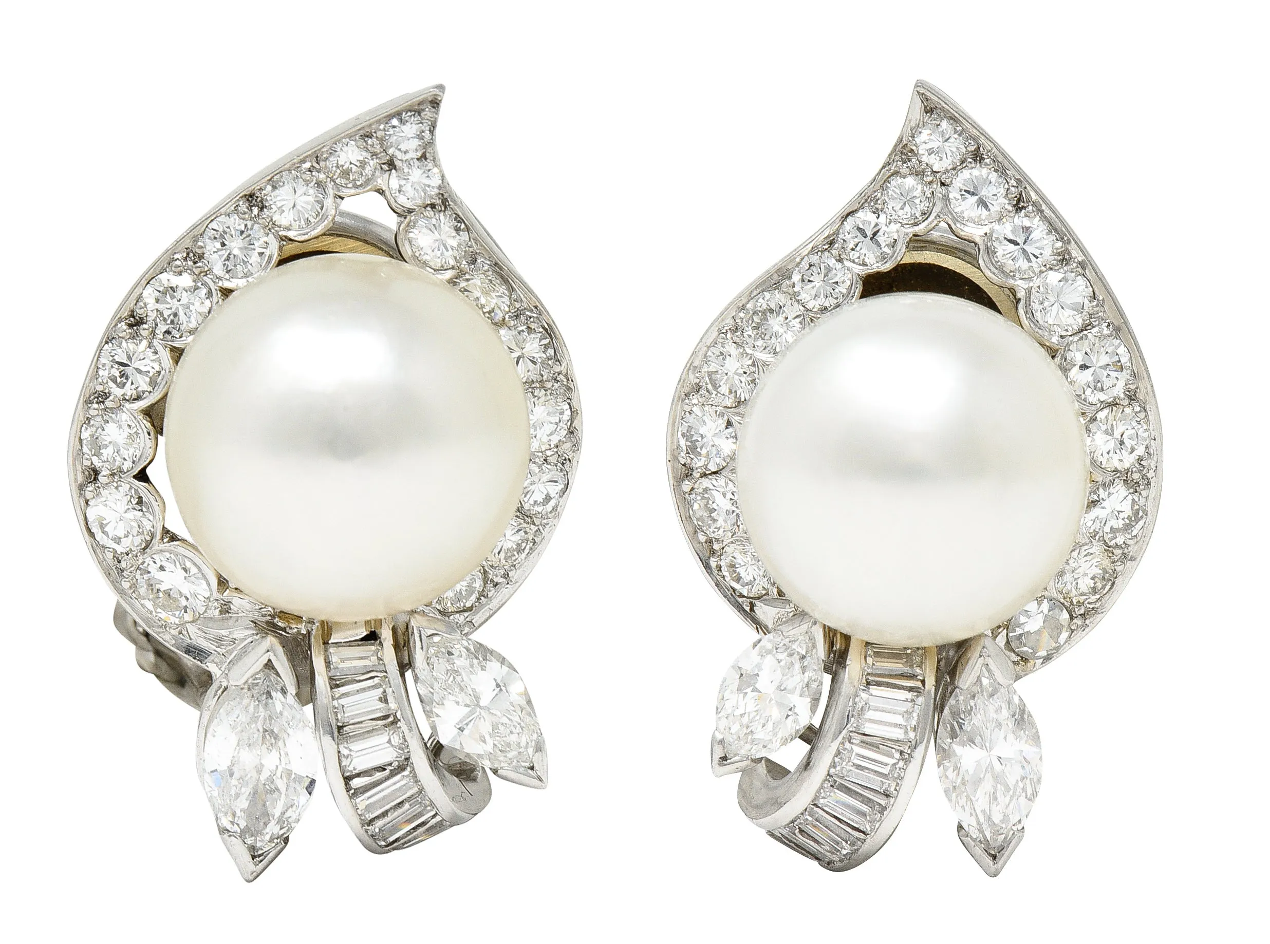 1950's Mid-Century South Sea Pearl 3.00 CTW Diamond Platinum Vintage Ear-Clip Earrings
