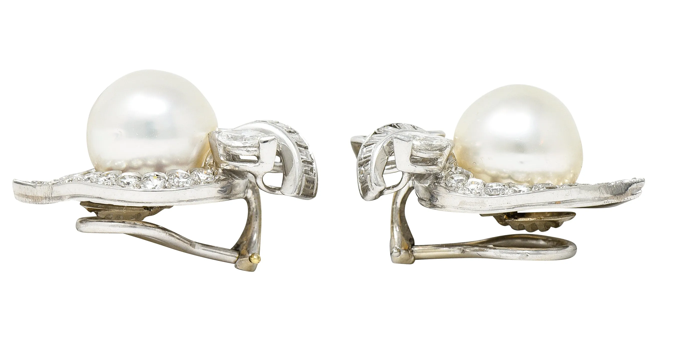 1950's Mid-Century South Sea Pearl 3.00 CTW Diamond Platinum Vintage Ear-Clip Earrings
