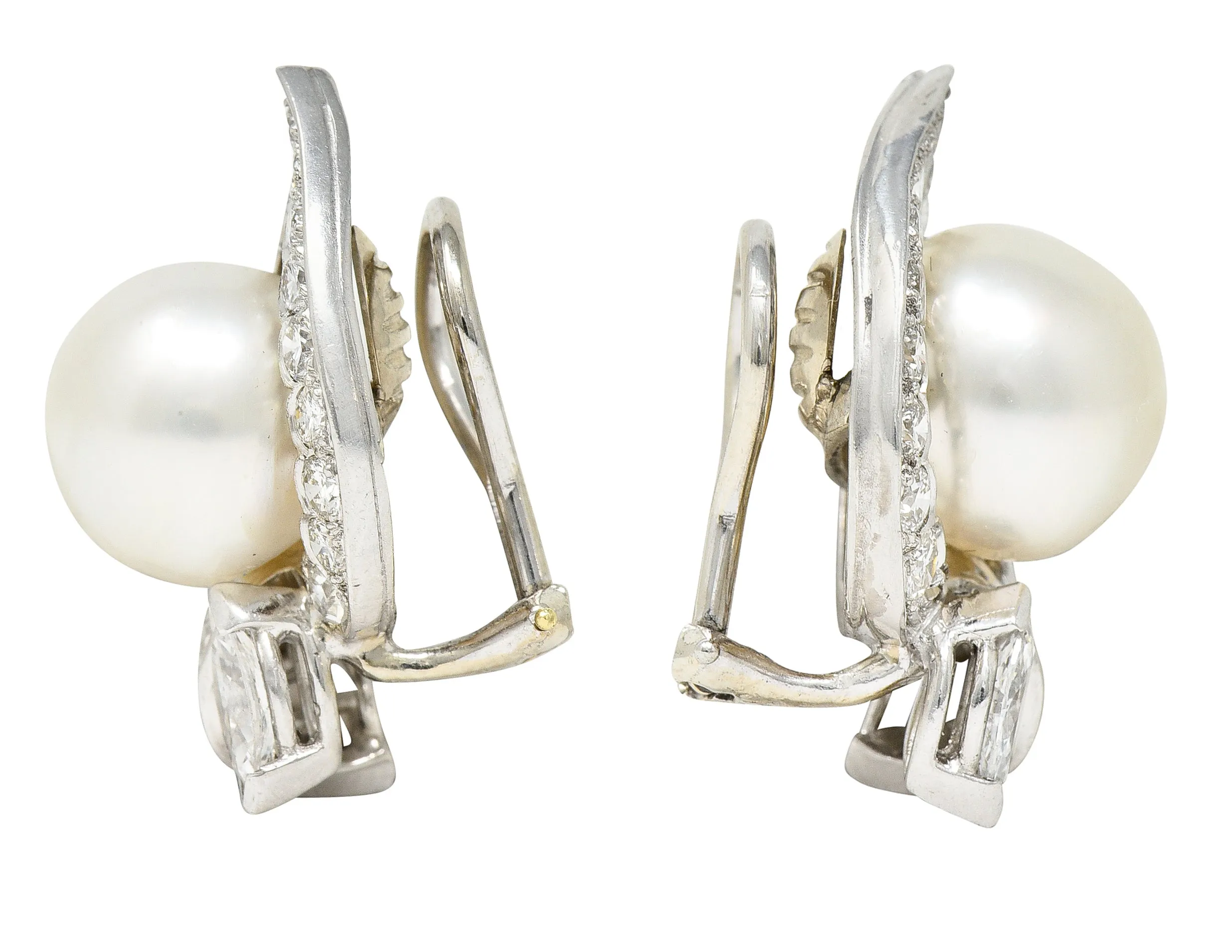 1950's Mid-Century South Sea Pearl 3.00 CTW Diamond Platinum Vintage Ear-Clip Earrings
