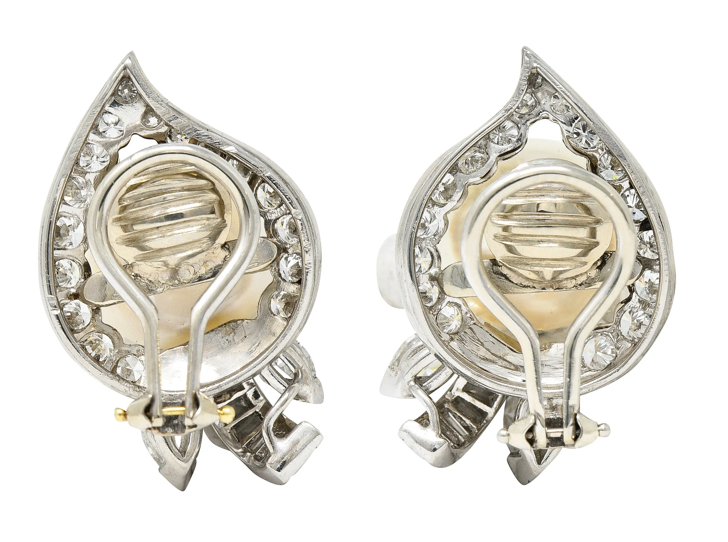 1950's Mid-Century South Sea Pearl 3.00 CTW Diamond Platinum Vintage Ear-Clip Earrings