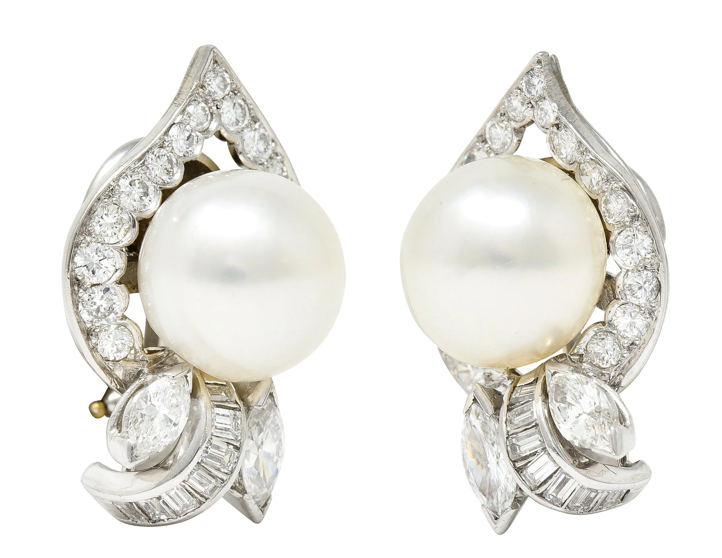 1950's Mid-Century South Sea Pearl 3.00 CTW Diamond Platinum Vintage Ear-Clip Earrings