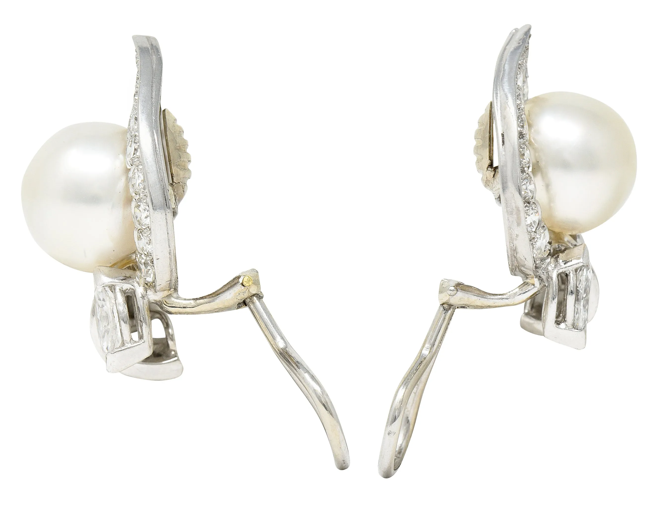 1950's Mid-Century South Sea Pearl 3.00 CTW Diamond Platinum Vintage Ear-Clip Earrings