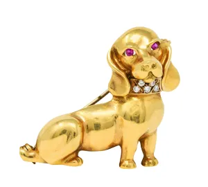 1970's Italian Vintage Ruby Diamond Dachshund Dog Brooch