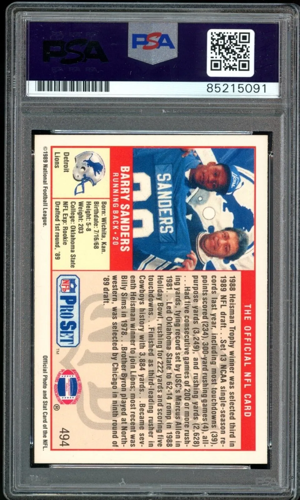 1989 Pro Set #494 Barry Sanders RC Rookie Lions PSA/DNA Auto Grade GEM MINT 10