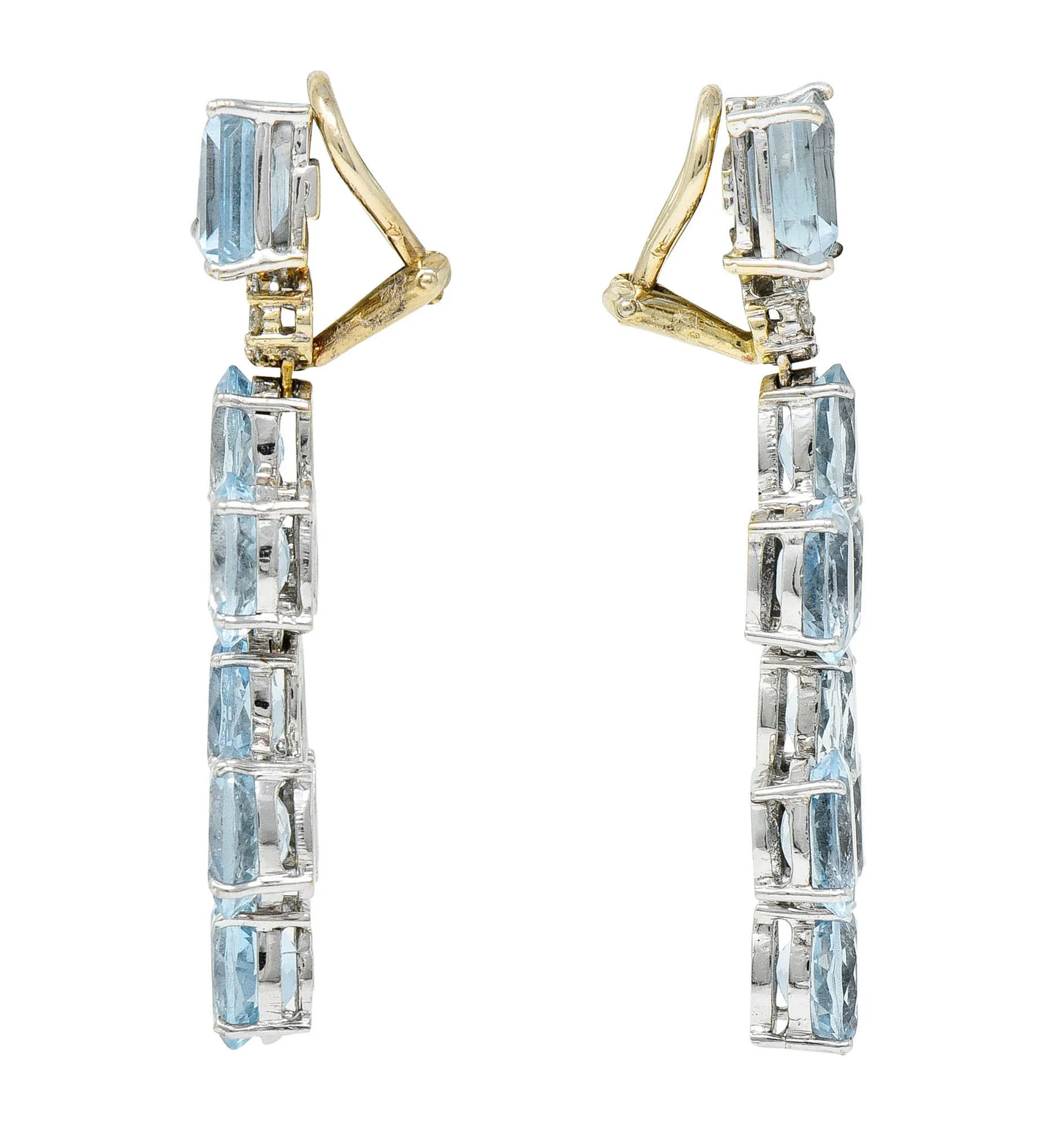 1990's Vintage 18.75 CTW Aquamarine Diamond 18 Karat Two-Tone Gold Chandelier Earrings