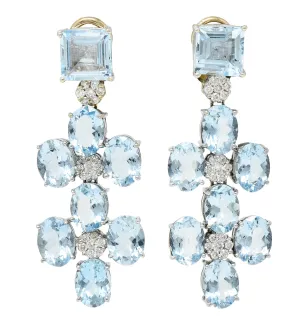 1990's Vintage 18.75 CTW Aquamarine Diamond 18 Karat Two-Tone Gold Chandelier Earrings