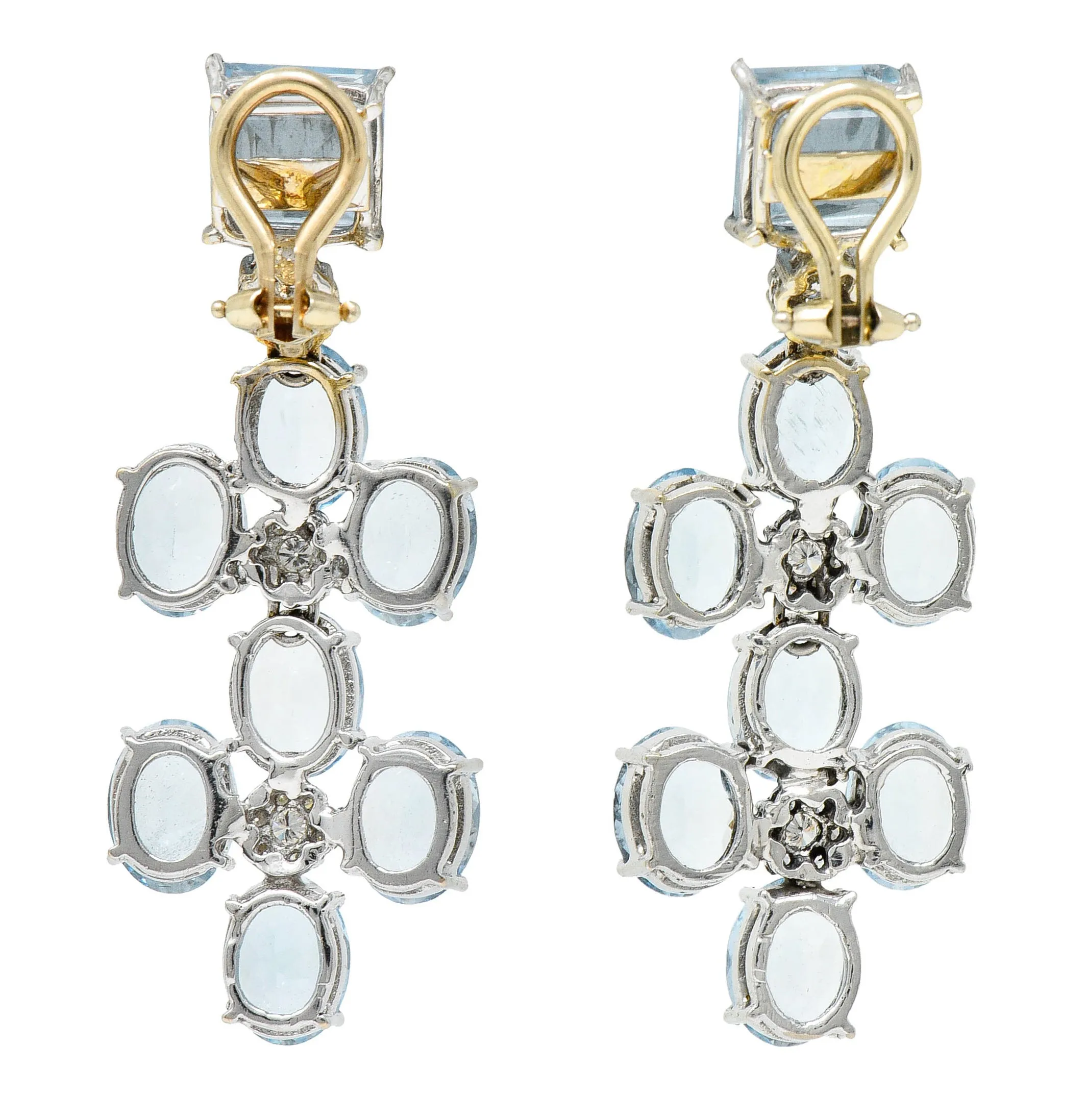 1990's Vintage 18.75 CTW Aquamarine Diamond 18 Karat Two-Tone Gold Chandelier Earrings
