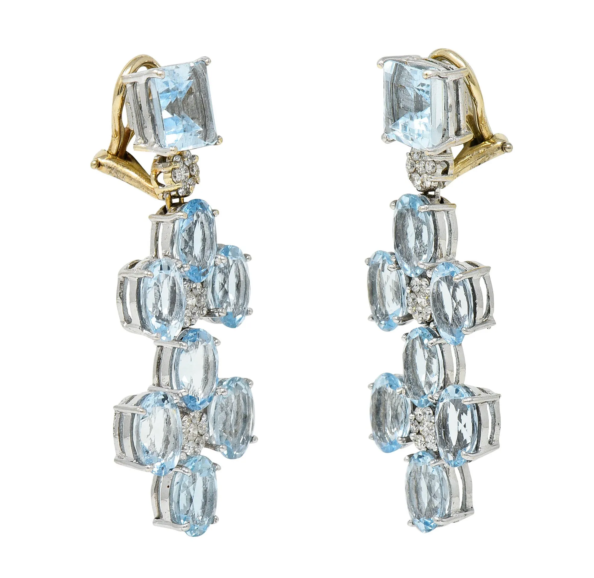 1990's Vintage 18.75 CTW Aquamarine Diamond 18 Karat Two-Tone Gold Chandelier Earrings