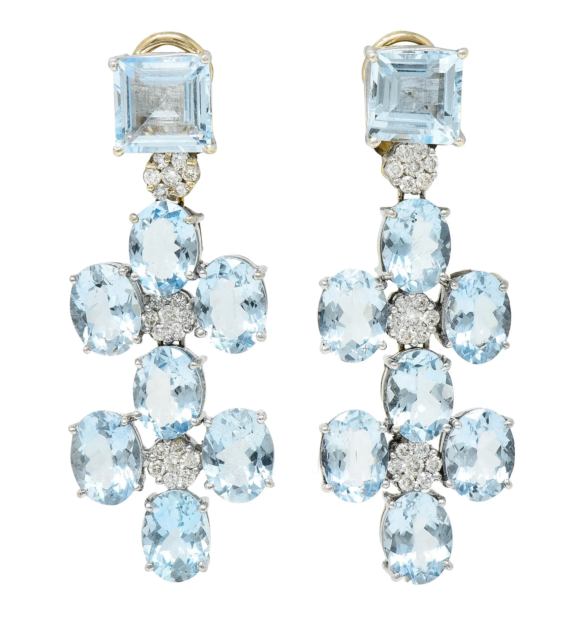 1990's Vintage 18.75 CTW Aquamarine Diamond 18 Karat Two-Tone Gold Chandelier Earrings