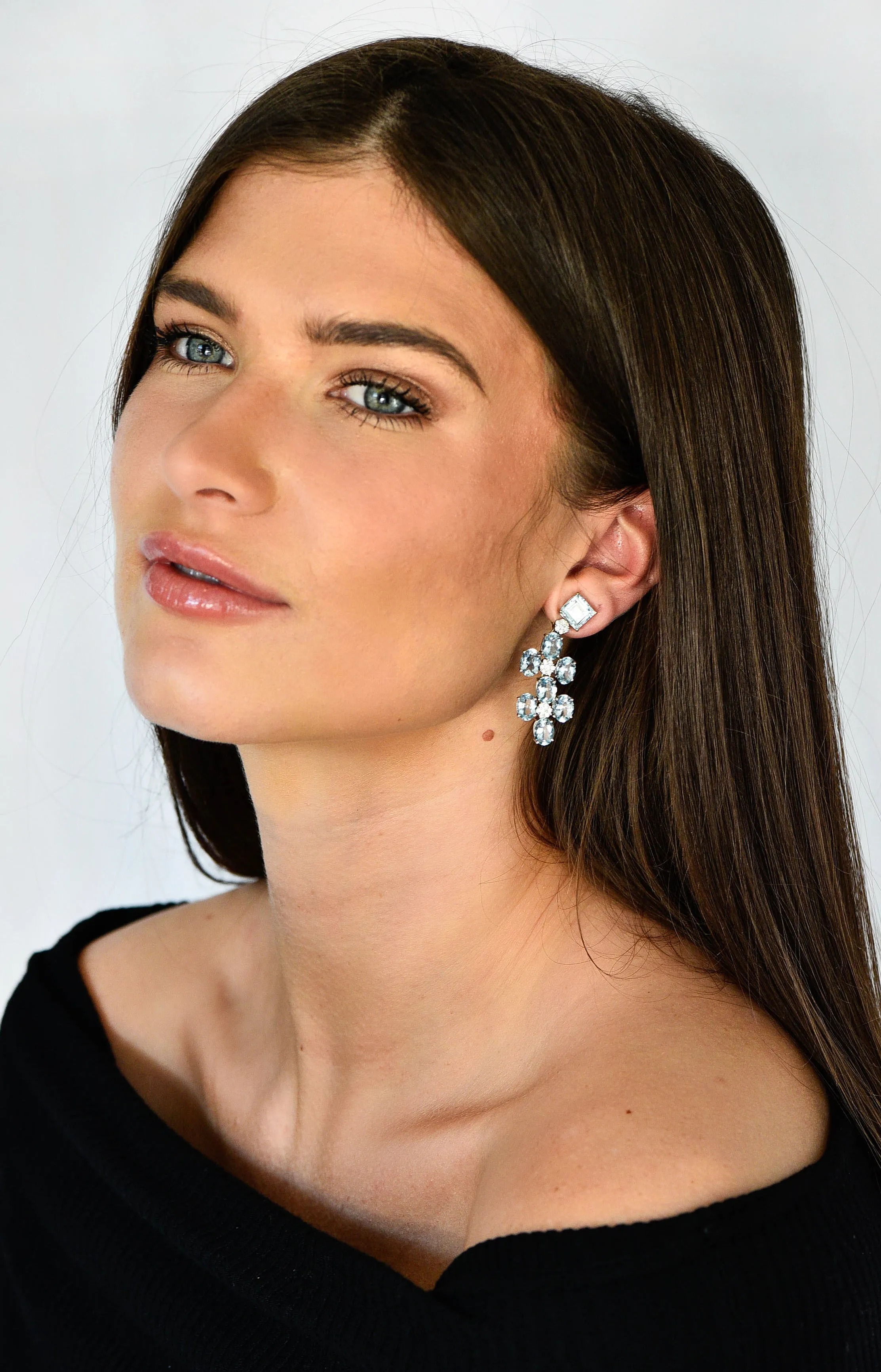 1990's Vintage 18.75 CTW Aquamarine Diamond 18 Karat Two-Tone Gold Chandelier Earrings