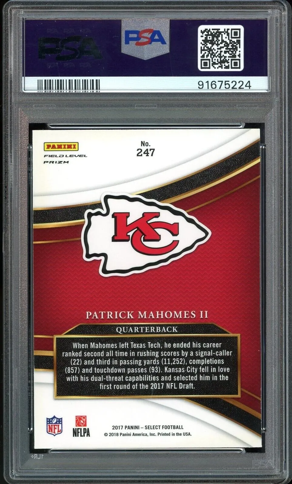 2017 Panini Select Field Level #247 Patrick Mahomes RC Rookie PSA 9/10 Auto MINT