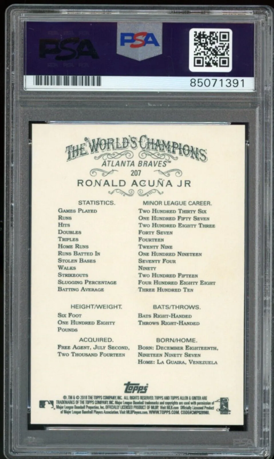 2018 Topps Allen & Ginter Ronald Acuna Jr. RC On Card PSA/DNA Auto GEM MINT 10
