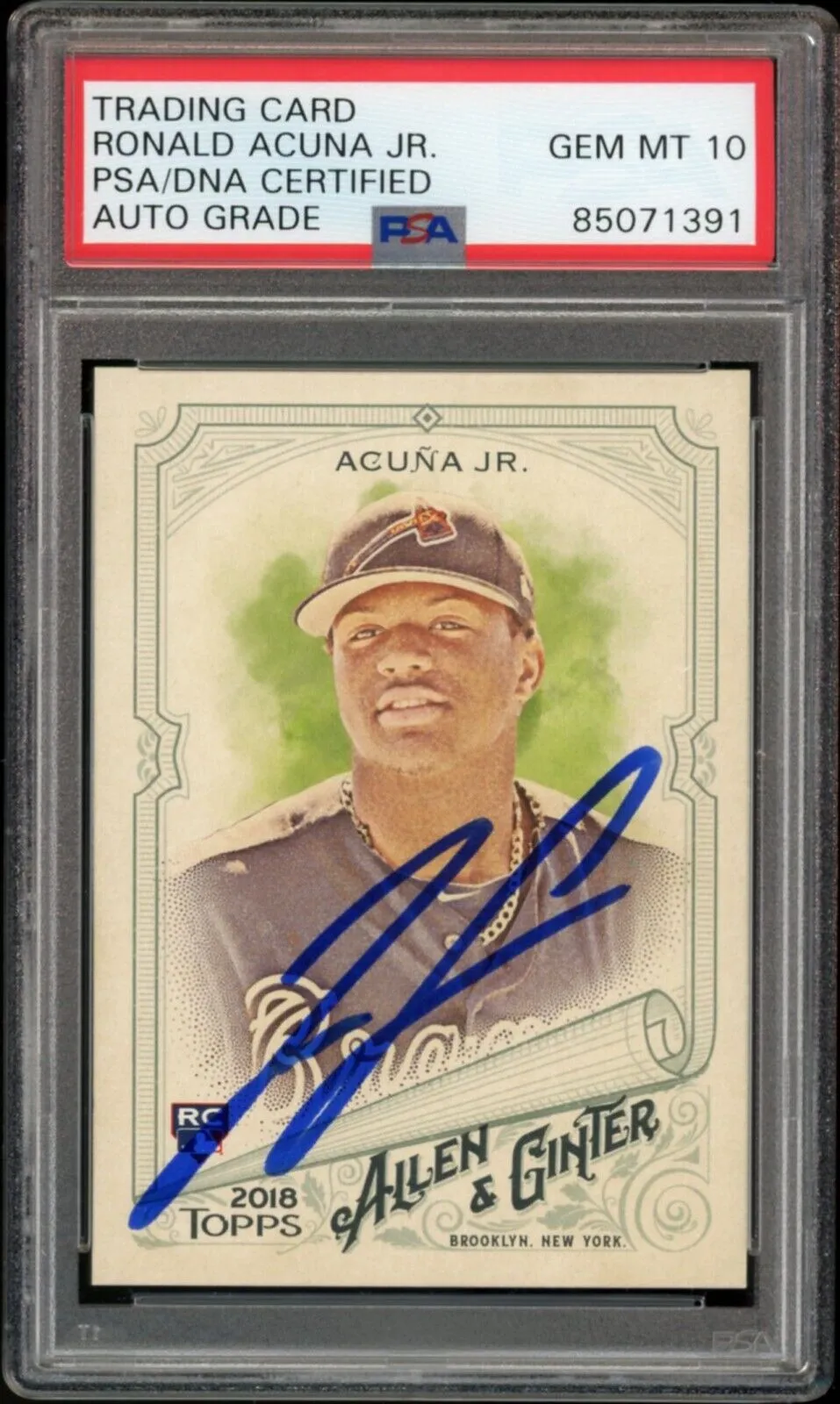 2018 Topps Allen & Ginter Ronald Acuna Jr. RC On Card PSA/DNA Auto GEM MINT 10