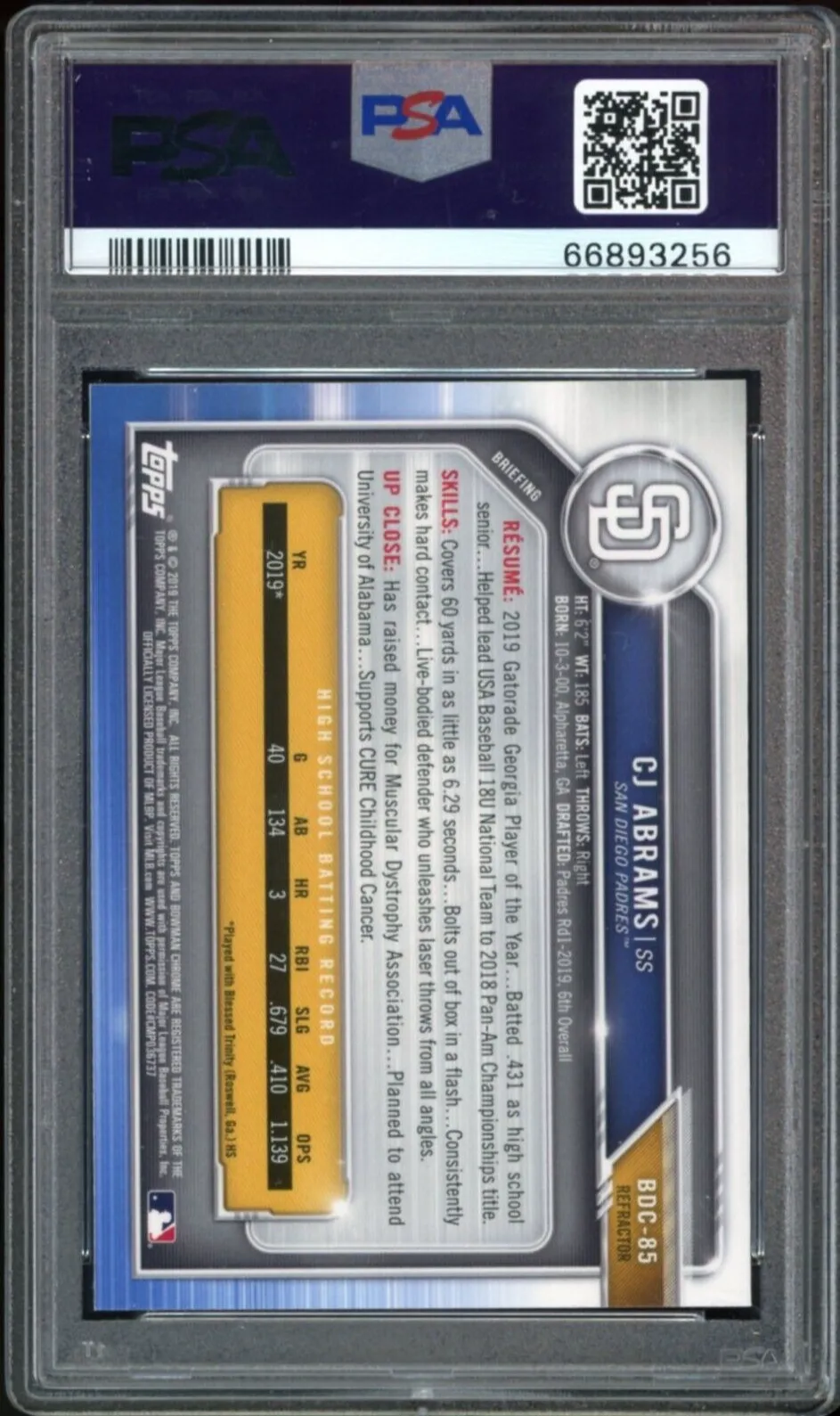 2019 Bowman Draft Chrome Refractor #BDC85 CJ Abrams RC Padres PSA 10 GEM MINT