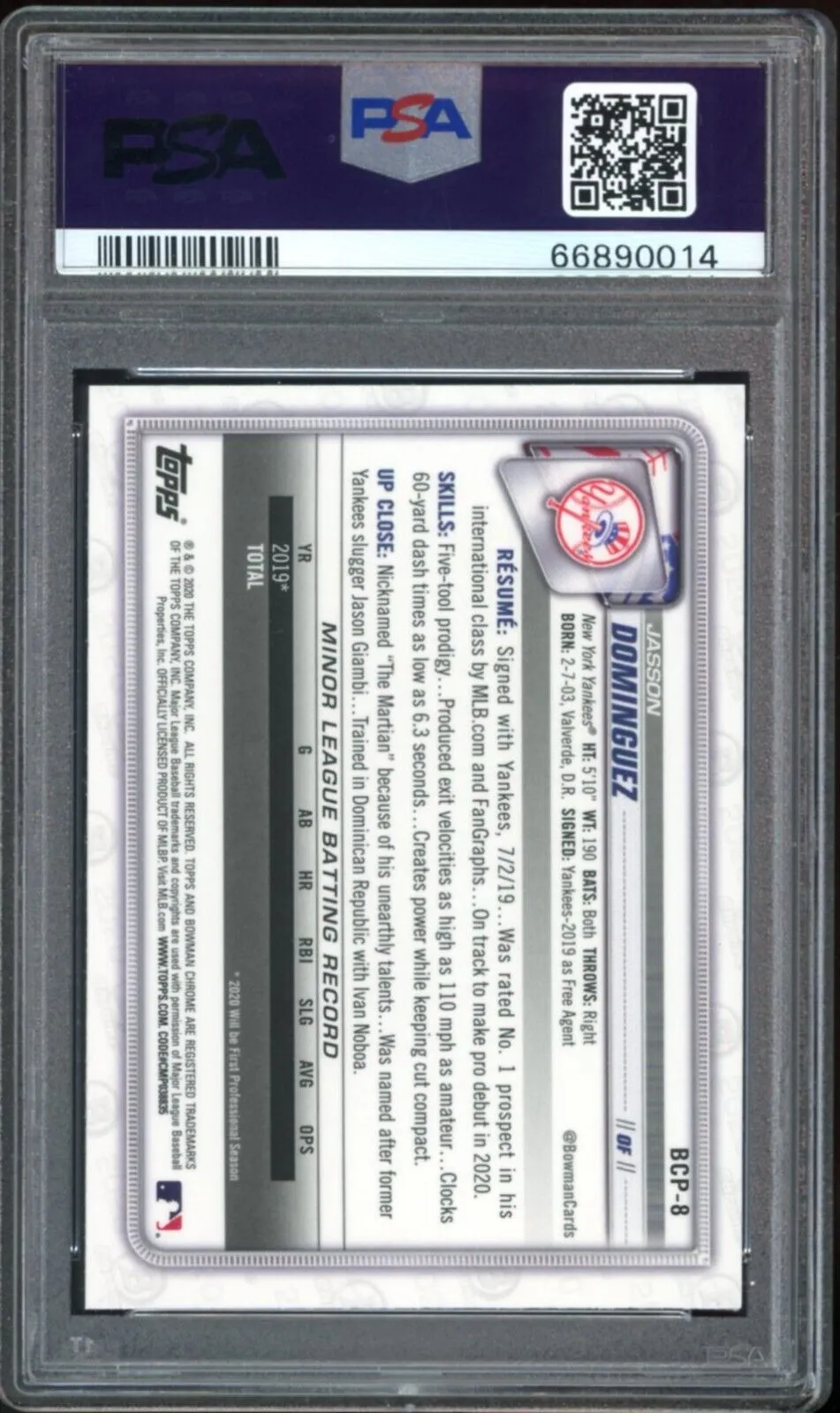 2020 Bowman Chrome Mega #BCP8 Jasson Dominguez Rookie RC Yankees PSA 10 GEM MINT