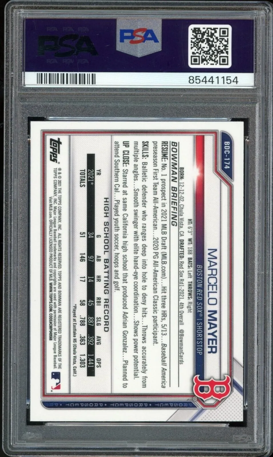 2021 Bowman Chrome Draft #BDC-174 Marcelo Mayer RC PSA 10/10 Auto GEM MINT