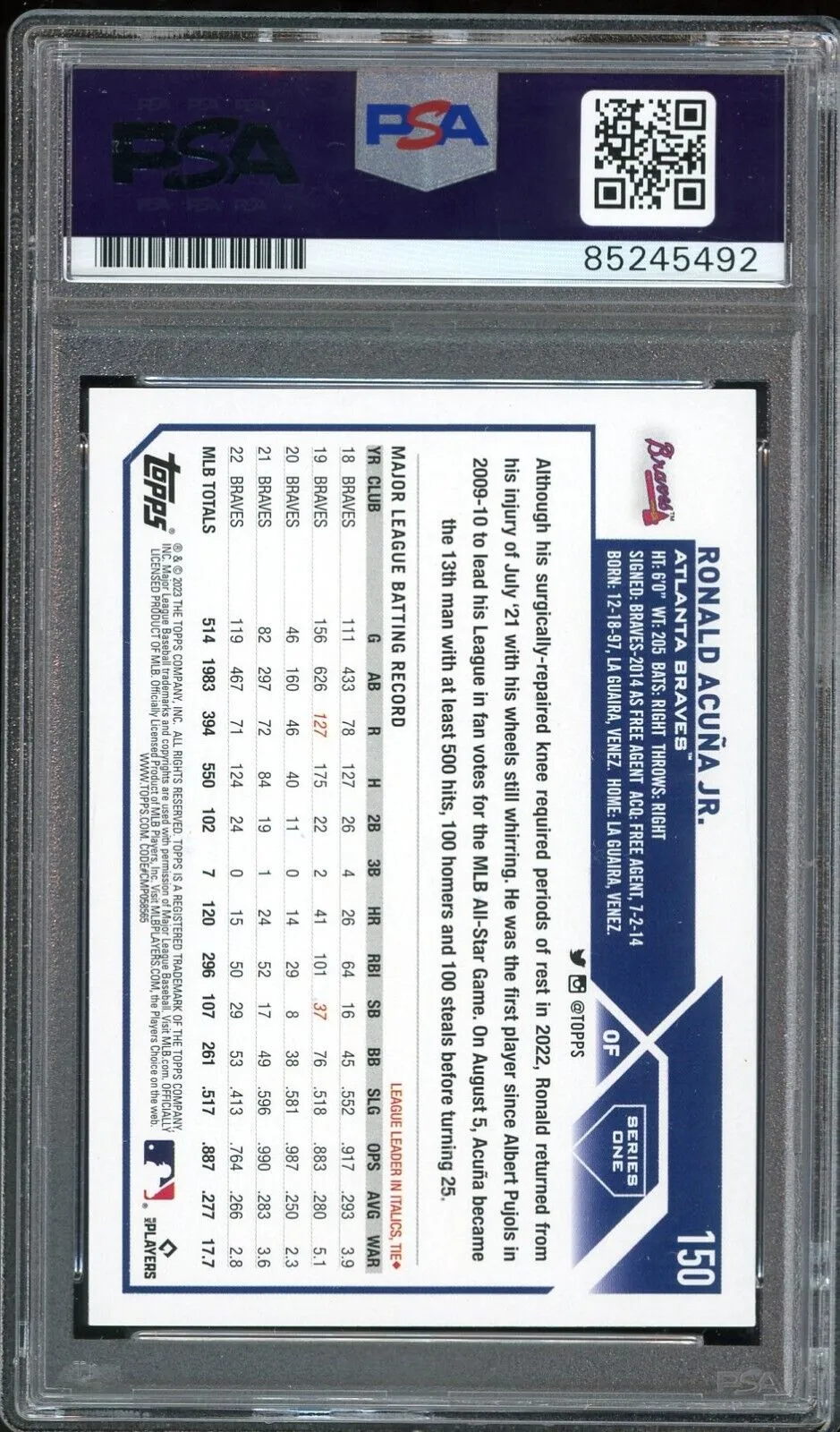 2023 Topps #150 Ronald Acuna Jr. On Card PSA/DNA Auto GEM MINT 10