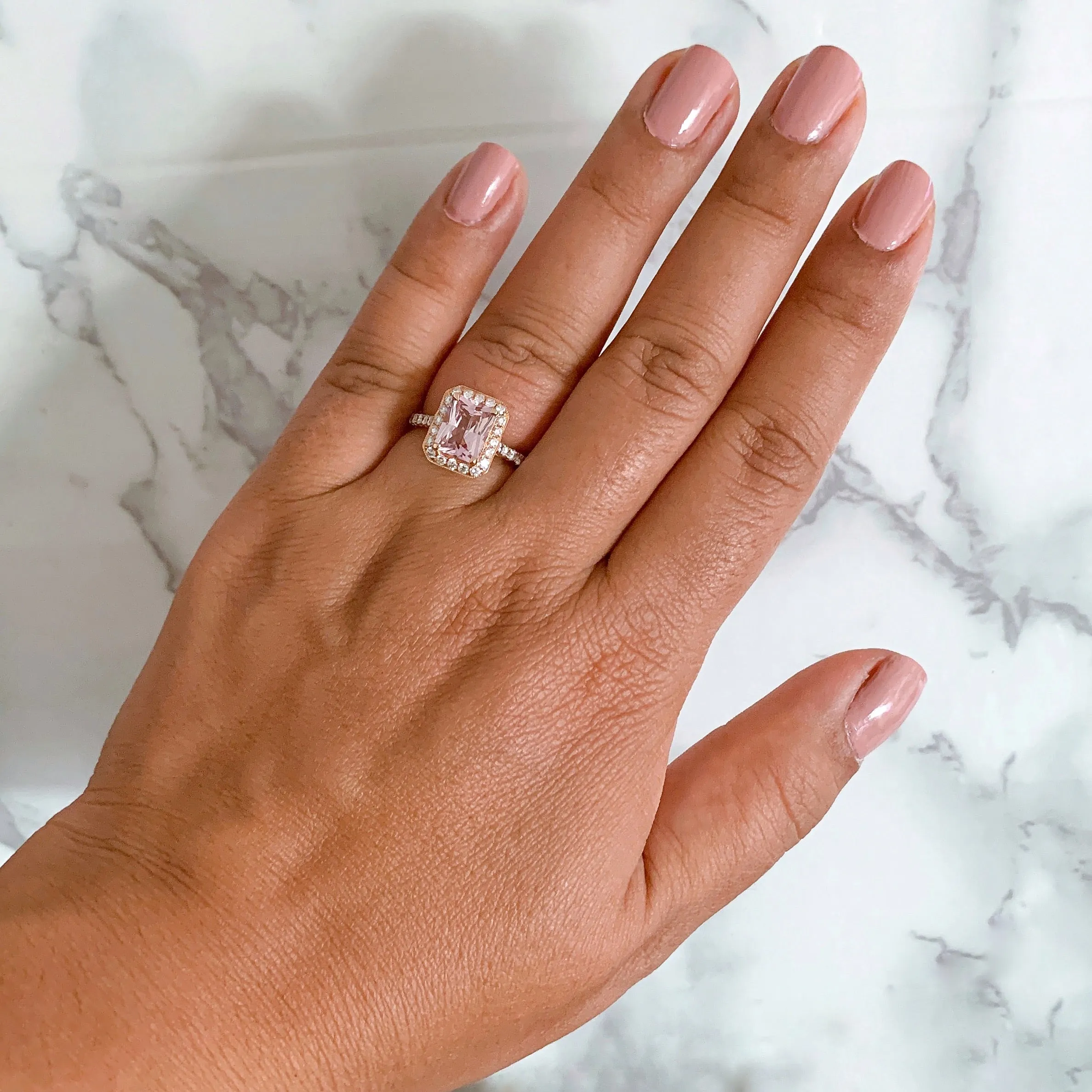 2.02ct Radiant Unheated GIA Certified Peach Sapphire Ring with Diamond Halo in 18K Rose Gold