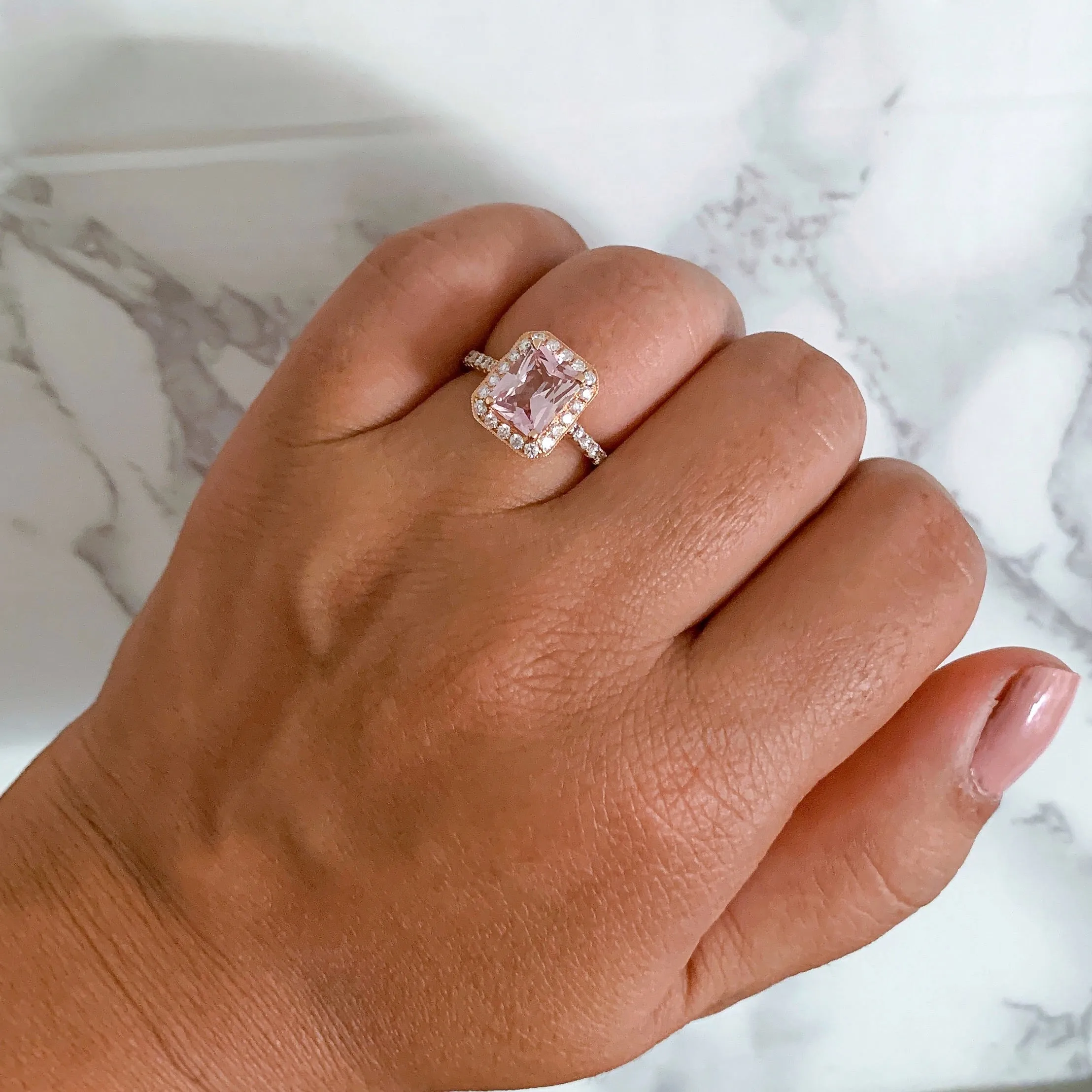 2.02ct Radiant Unheated GIA Certified Peach Sapphire Ring with Diamond Halo in 18K Rose Gold