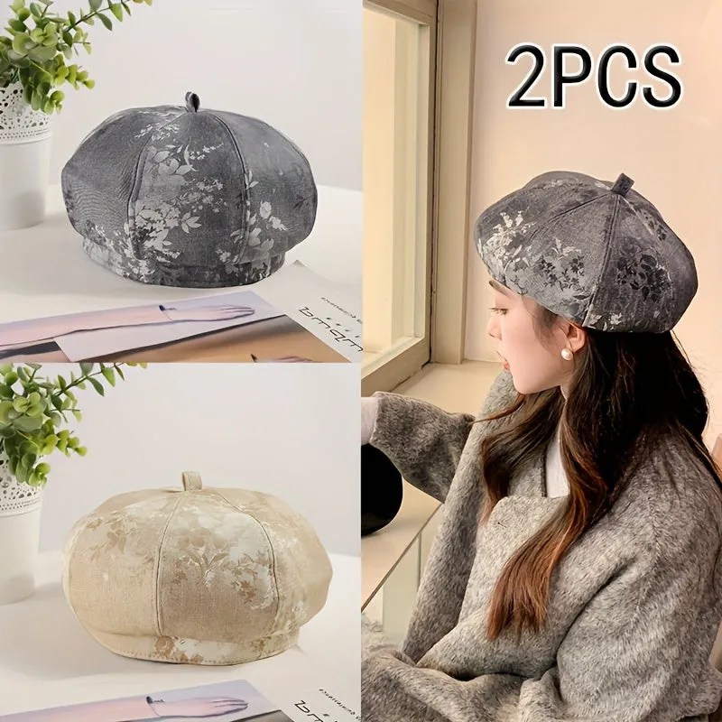 2pcs Newsboy Caps in Khaki And Gray, Vintage Floral Beret