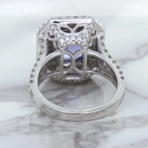4.33ct Radiant Cut Blue Sapphire Ring with Sapphire and Diamond Halos in 18K White Gold