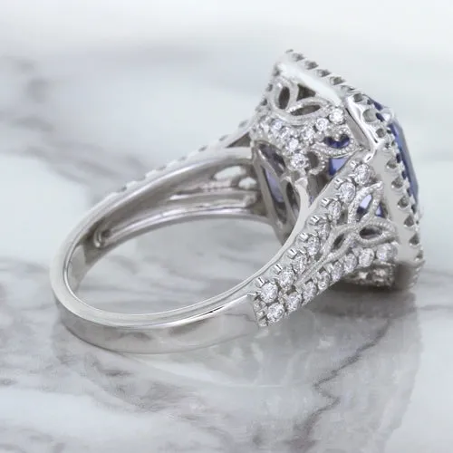 4.33ct Radiant Cut Blue Sapphire Ring with Sapphire and Diamond Halos in 18K White Gold