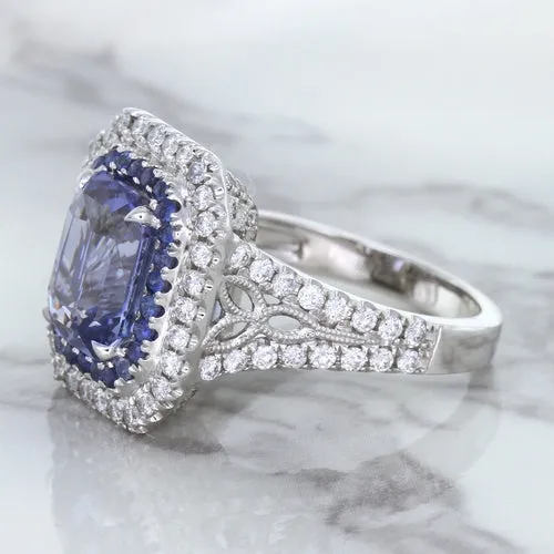 4.33ct Radiant Cut Blue Sapphire Ring with Sapphire and Diamond Halos in 18K White Gold