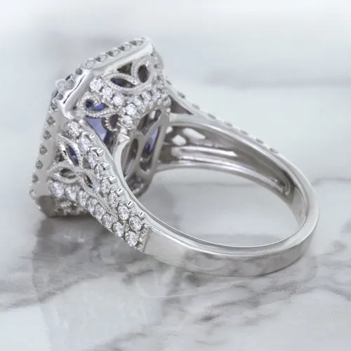 4.33ct Radiant Cut Blue Sapphire Ring with Sapphire and Diamond Halos in 18K White Gold