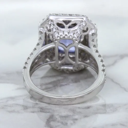 4.33ct Radiant Cut Blue Sapphire Ring with Sapphire and Diamond Halos in 18K White Gold