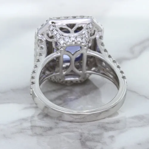 4.33ct Radiant Cut Blue Sapphire Ring with Sapphire and Diamond Halos in 18K White Gold
