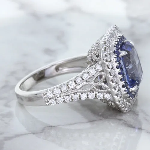 4.33ct Radiant Cut Blue Sapphire Ring with Sapphire and Diamond Halos in 18K White Gold