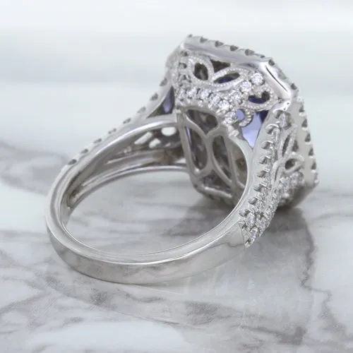 4.33ct Radiant Cut Blue Sapphire Ring with Sapphire and Diamond Halos in 18K White Gold