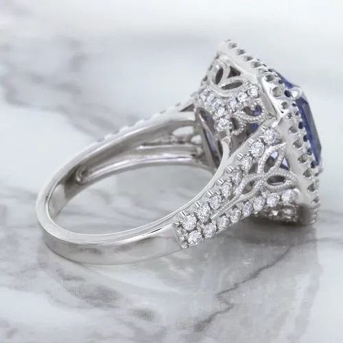 4.33ct Radiant Cut Blue Sapphire Ring with Sapphire and Diamond Halos in 18K White Gold