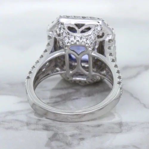 4.33ct Radiant Cut Blue Sapphire Ring with Sapphire and Diamond Halos in 18K White Gold