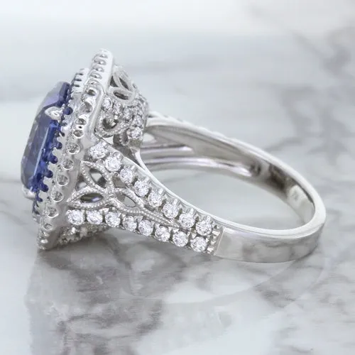 4.33ct Radiant Cut Blue Sapphire Ring with Sapphire and Diamond Halos in 18K White Gold