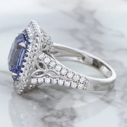 4.33ct Radiant Cut Blue Sapphire Ring with Sapphire and Diamond Halos in 18K White Gold