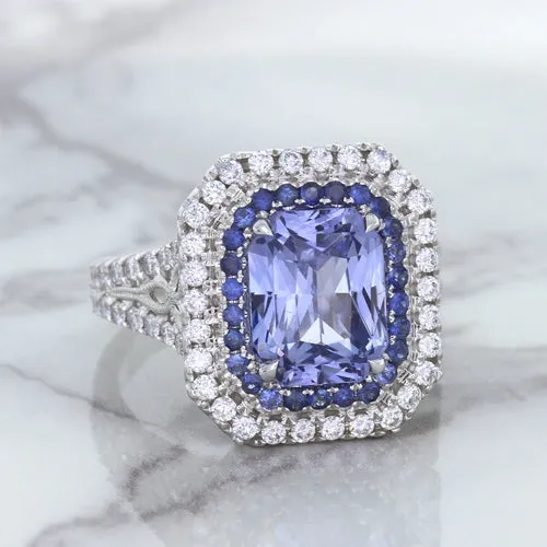 4.33ct Radiant Cut Blue Sapphire Ring with Sapphire and Diamond Halos in 18K White Gold