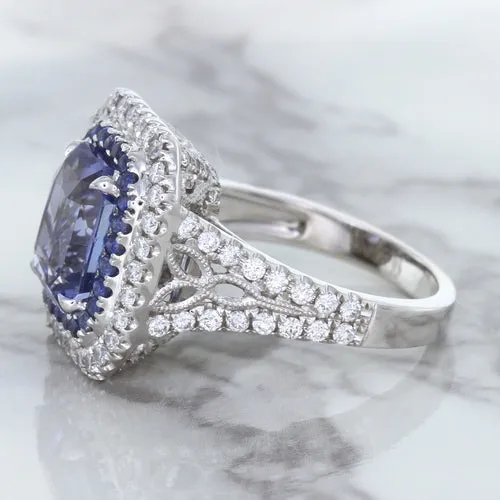 4.33ct Radiant Cut Blue Sapphire Ring with Sapphire and Diamond Halos in 18K White Gold
