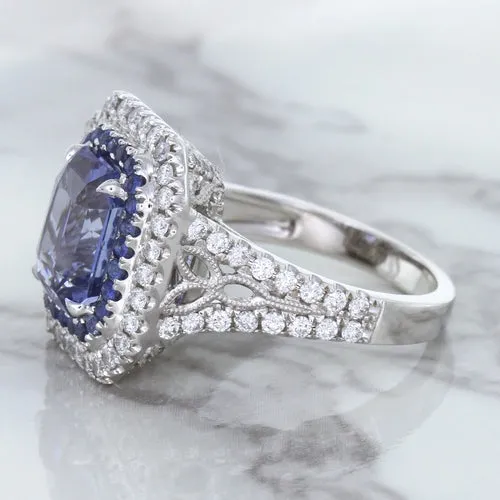 4.33ct Radiant Cut Blue Sapphire Ring with Sapphire and Diamond Halos in 18K White Gold