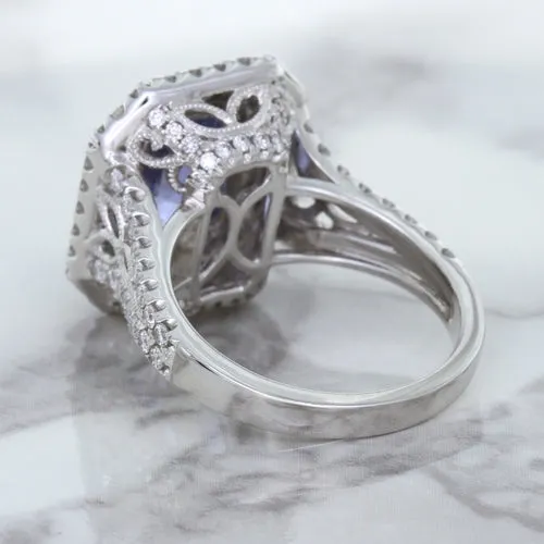 4.33ct Radiant Cut Blue Sapphire Ring with Sapphire and Diamond Halos in 18K White Gold
