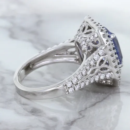 4.33ct Radiant Cut Blue Sapphire Ring with Sapphire and Diamond Halos in 18K White Gold