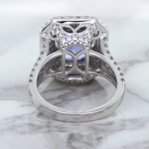 4.33ct Radiant Cut Blue Sapphire Ring with Sapphire and Diamond Halos in 18K White Gold