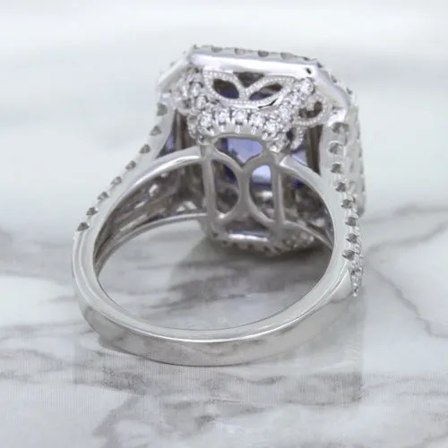 4.33ct Radiant Cut Blue Sapphire Ring with Sapphire and Diamond Halos in 18K White Gold