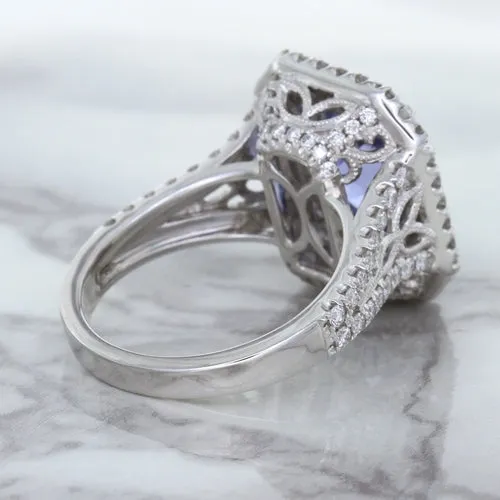 4.33ct Radiant Cut Blue Sapphire Ring with Sapphire and Diamond Halos in 18K White Gold