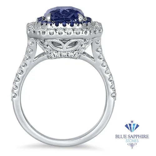 4.33ct Radiant Cut Blue Sapphire Ring with Sapphire and Diamond Halos in 18K White Gold